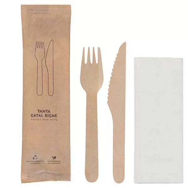 Kraft Kağıt Ambalajlı Tahta Çatal Bıçak Seti 50'li