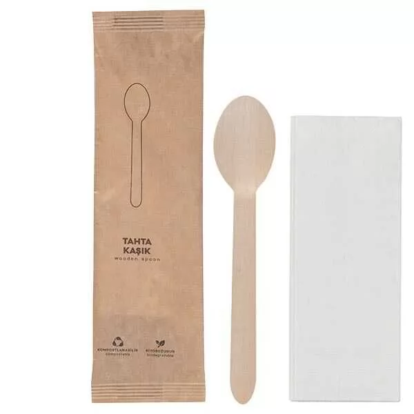 Kraft Kağıt Ambalajlı Tahta Kaşık Peçete Seti 50'li