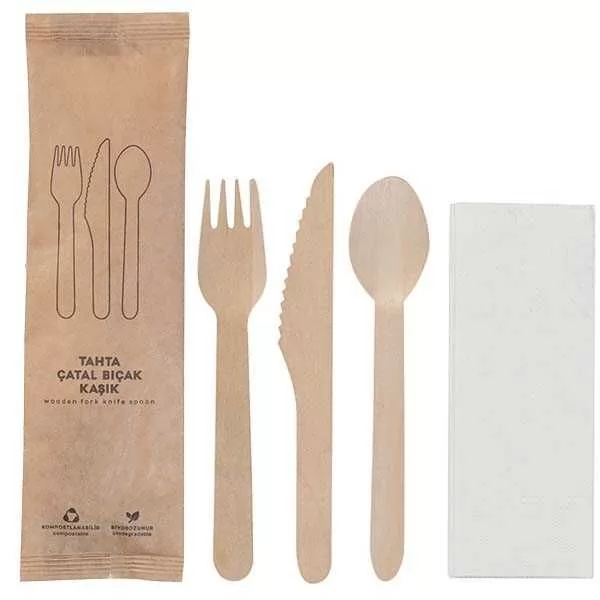 Kraft Kağıt Ambalajlı Tahta Çatal Bıçak Kaşık Seti 50'li