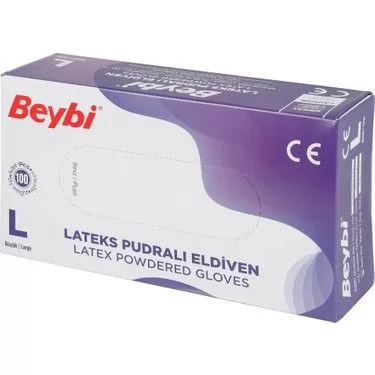 Beybi Pudralı Lateks Eldiven L Beden Beyaz 100'LÜ 