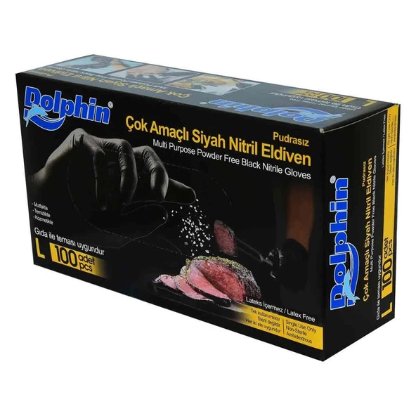 Dolphin Siyah Nitril Eldiven Pudrasız Kalın 100lü Paket L