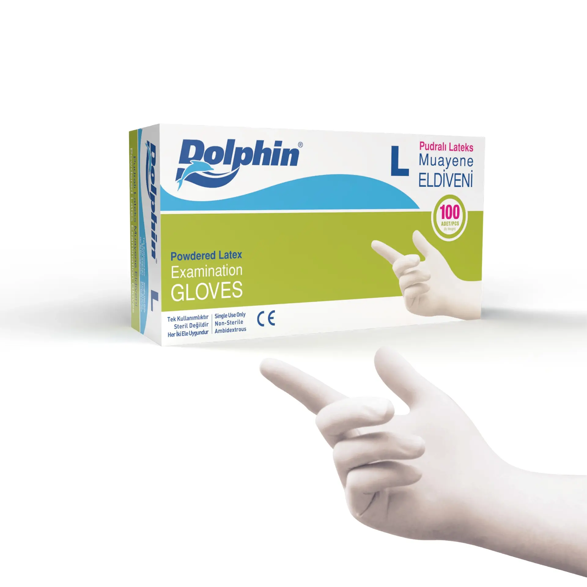 Dolphin Pudralı Lateks Muayene Eldiveni L Beden